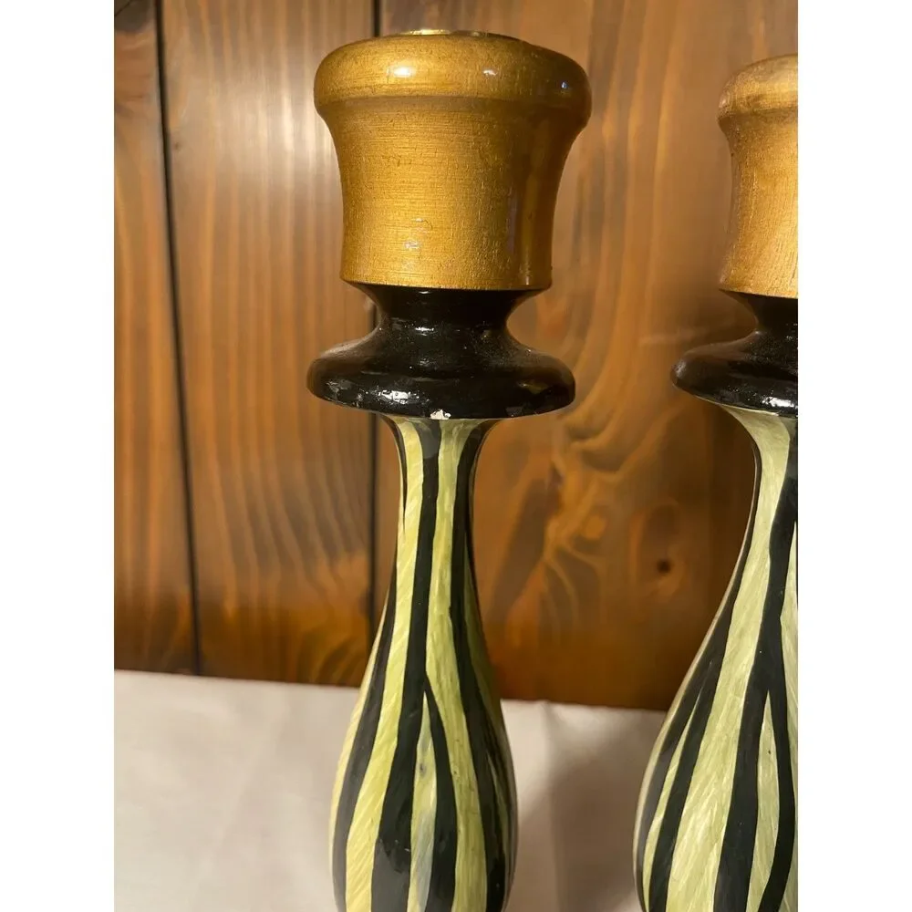 Pair of hand-painted wooden candlesticks